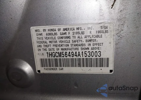 2004 Honda Accord 2.4 Lx из США, поврежденный, VIN 1HGCM56494A153003